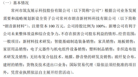 米乐·M6筑友展示拟投资100万设立全资子公司常州市朗音新材料科技有限公司